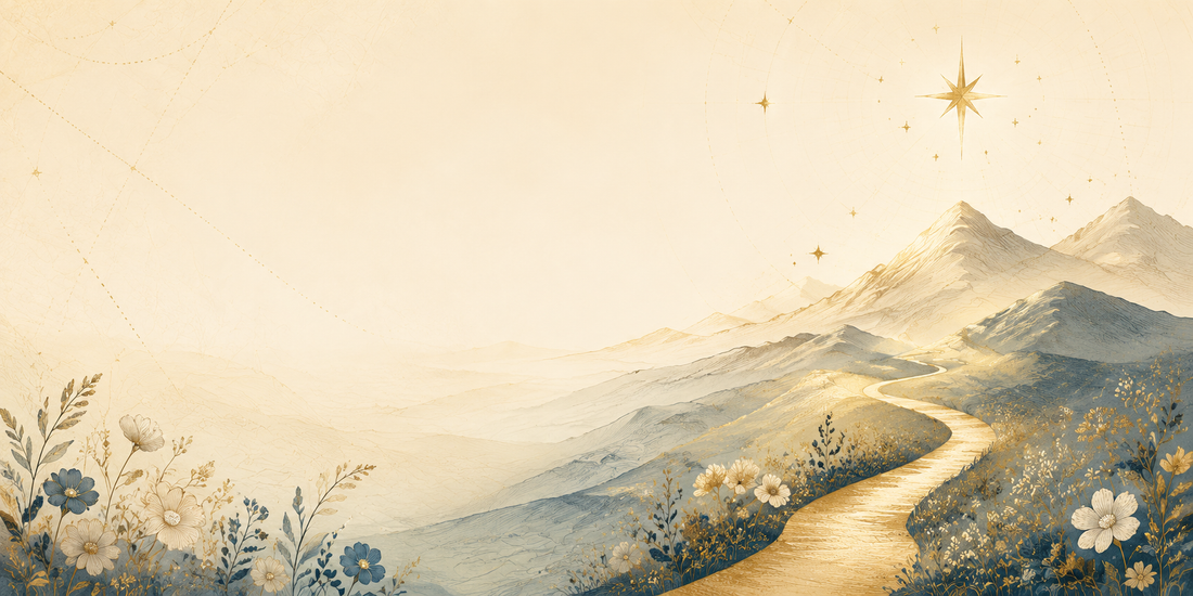 Illustrated mountain path, North Star and wildflowers